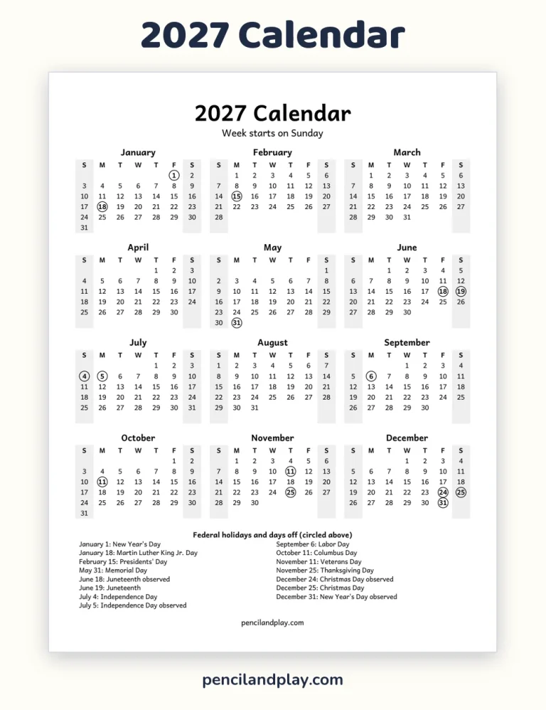 Free Printable 2027 Calendar: Yearly and Monthly