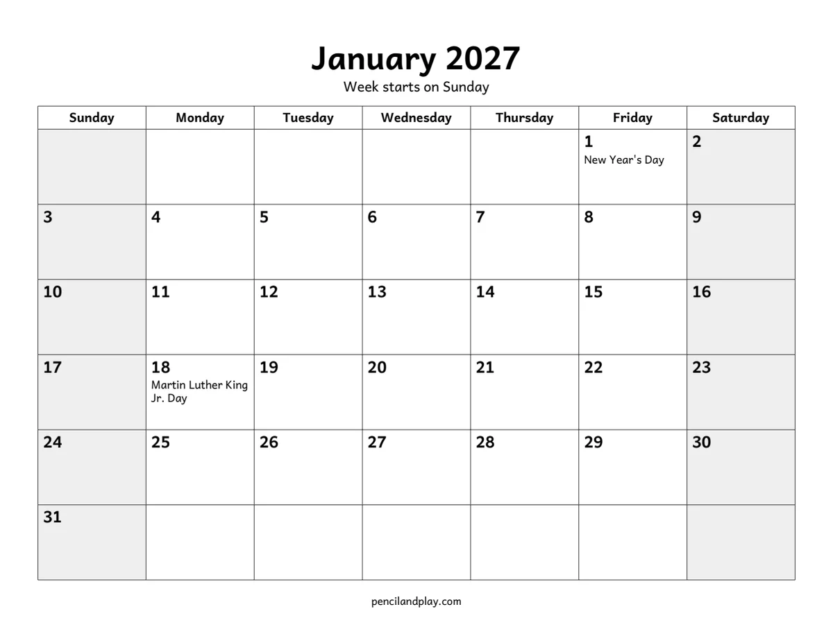 January 2027 monthly calendar page with big boxes and holidays marked
