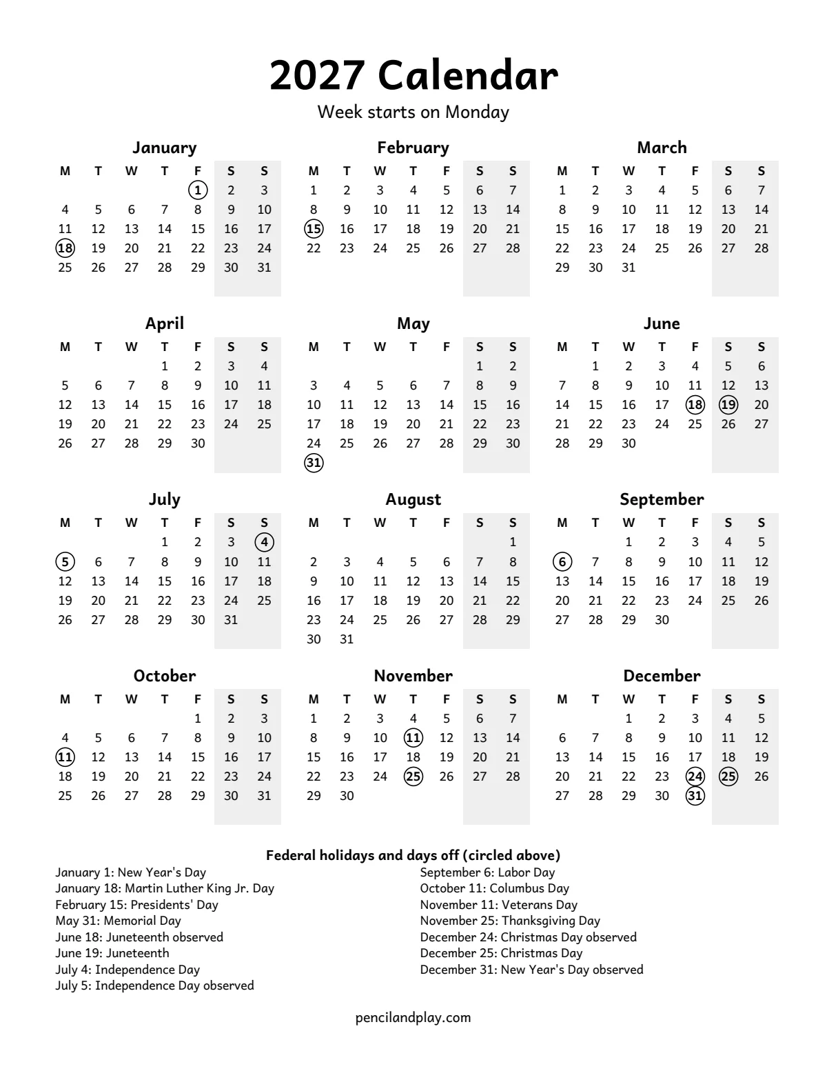 2027 yearly calendar with the week starting on Monday