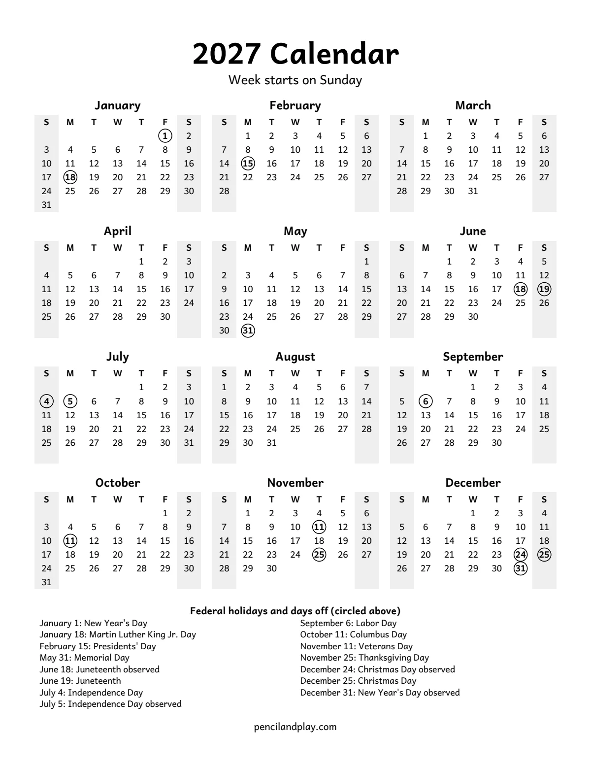 Free printable 2027 calendar with the whole year on one page and holidays circled