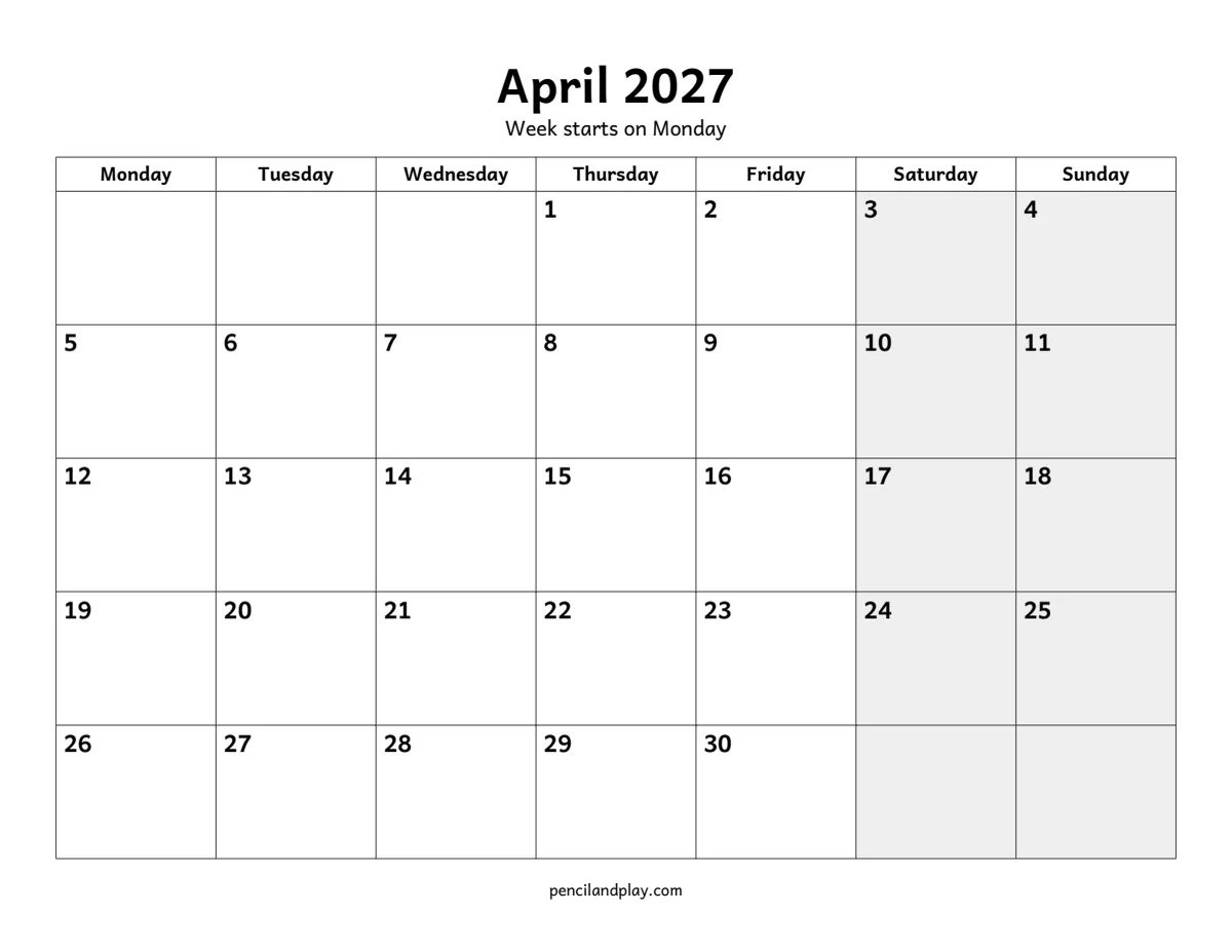 Printable April 2027 calendar with the week starting on Monday