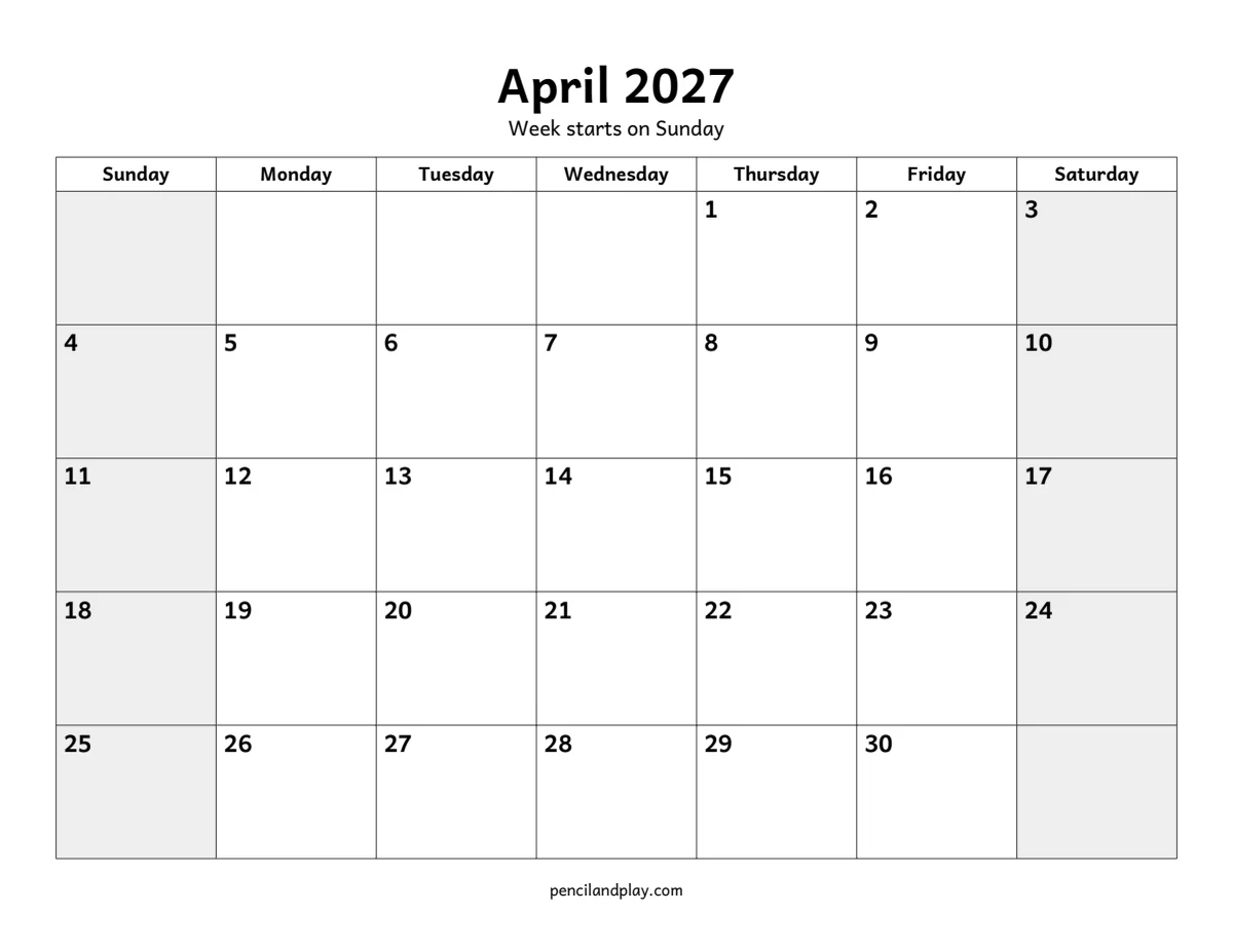Printable April 2027 calendar with the week starting on Sunday