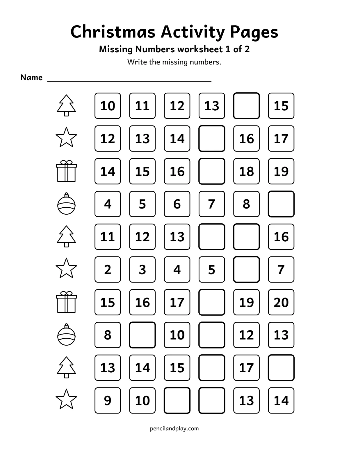Christmas missing numbers worksheet
