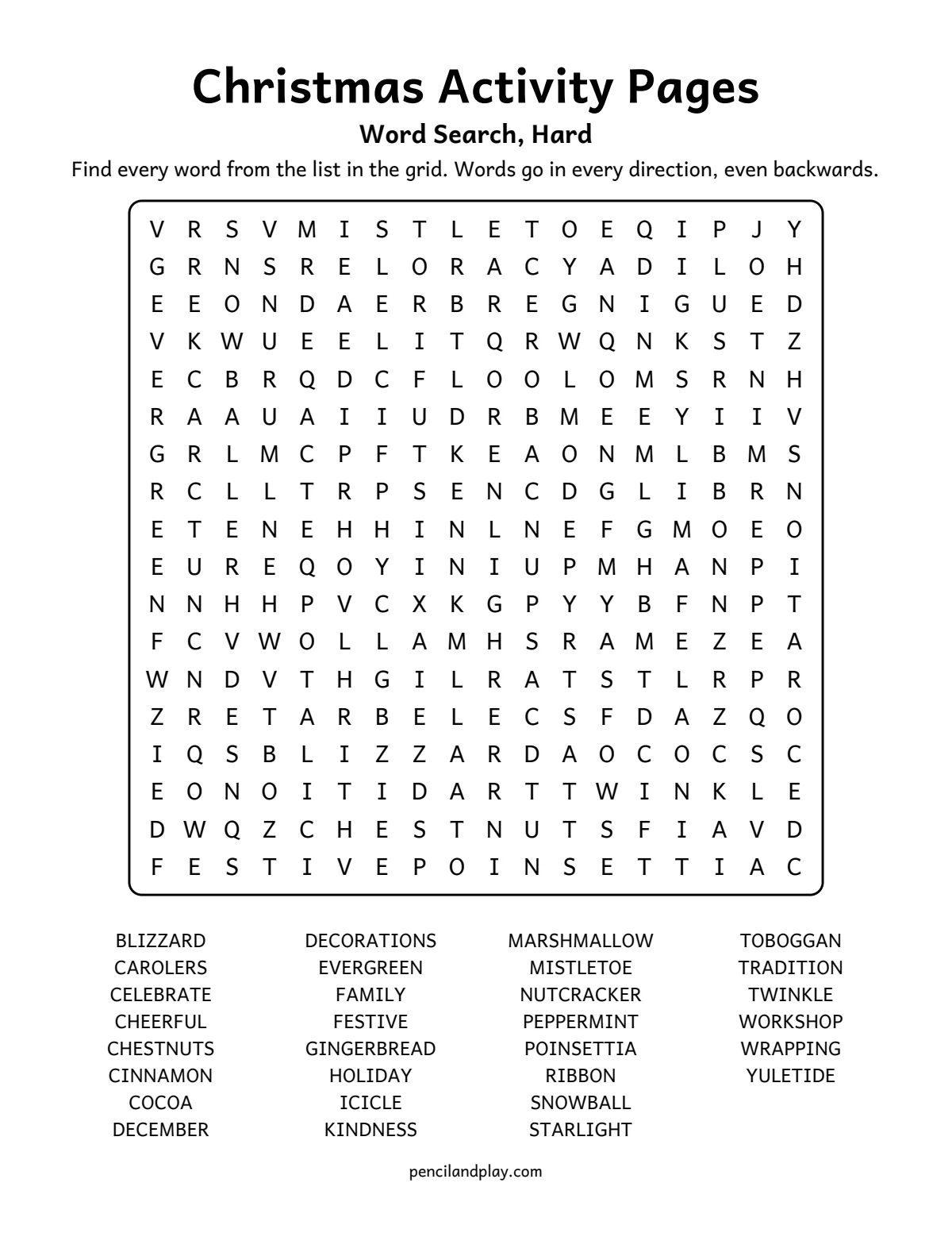 Hard Christmas word search with 30 words