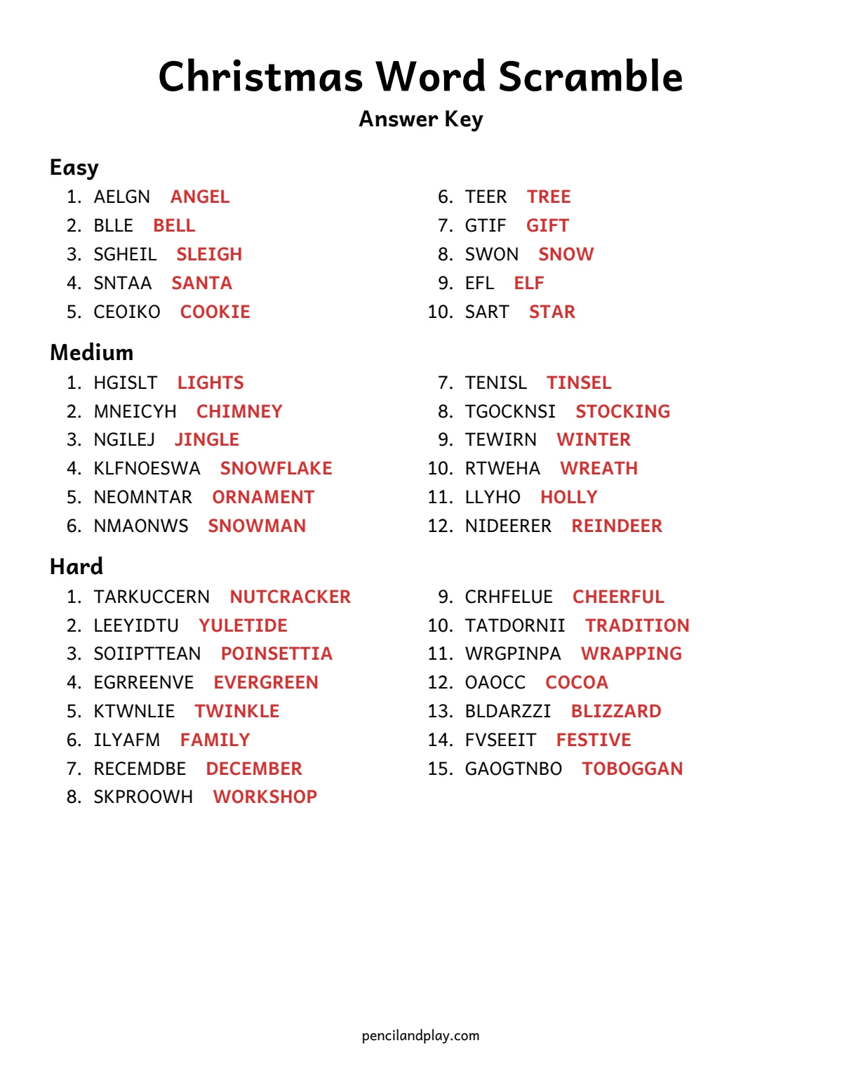 Christmas word scramble answer key