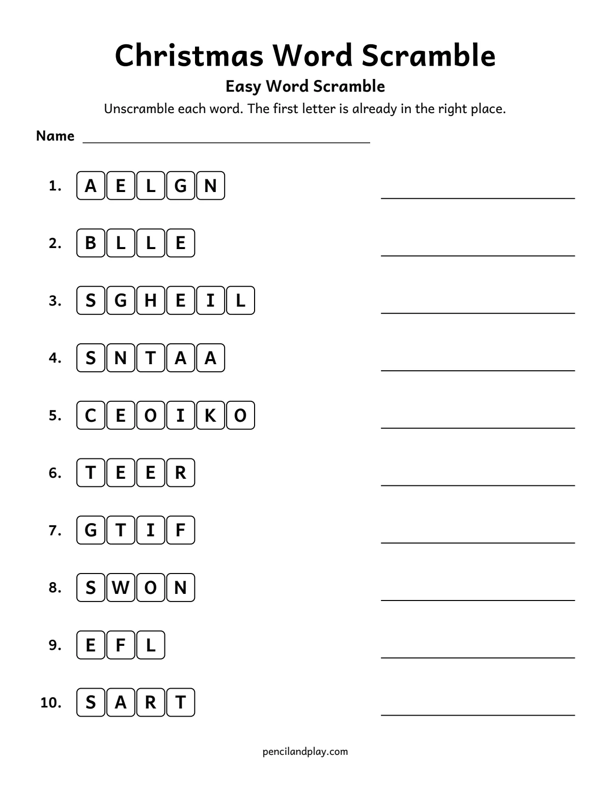 Easy Christmas word scramble with 10 scrambled holiday words