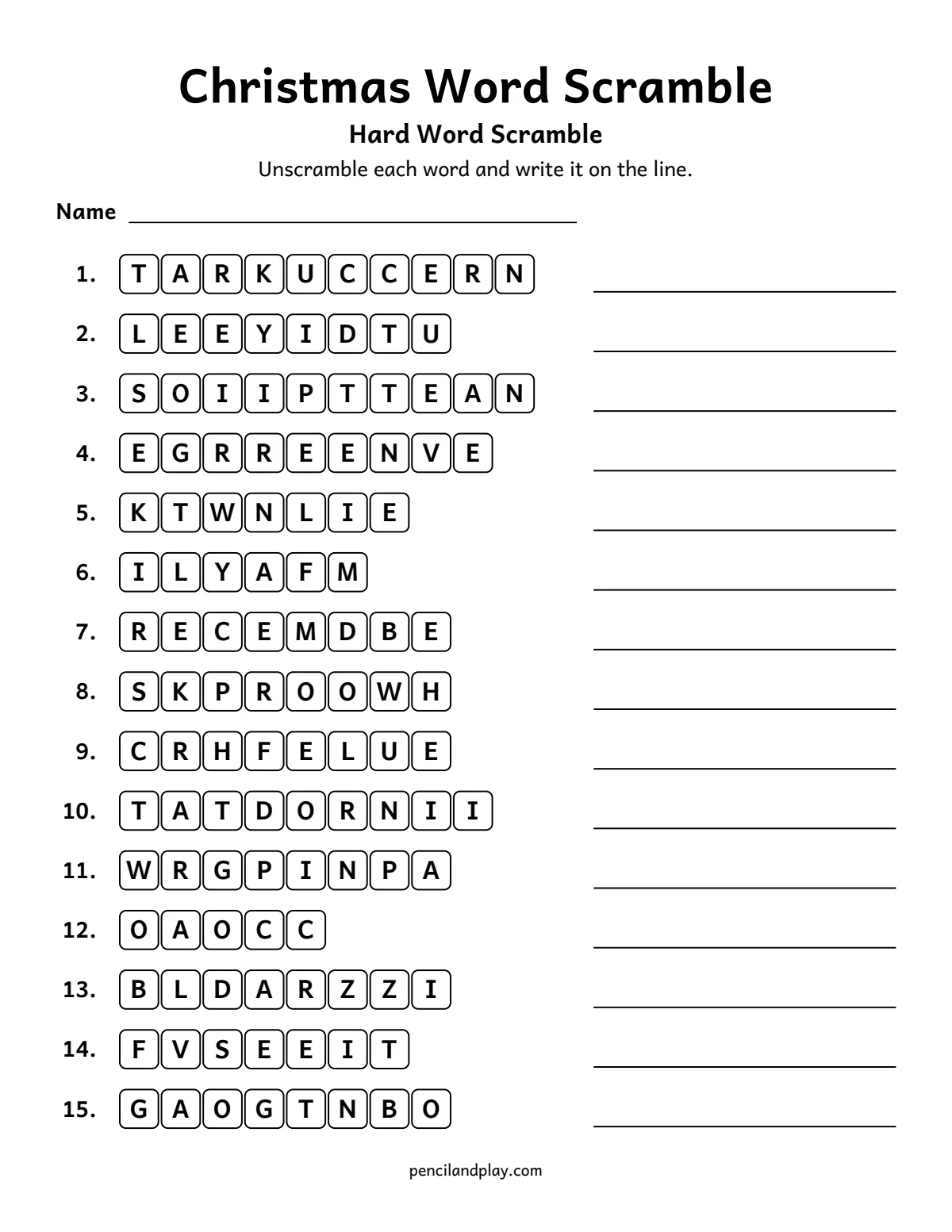 Hard Christmas word scramble with 15 long scrambled words