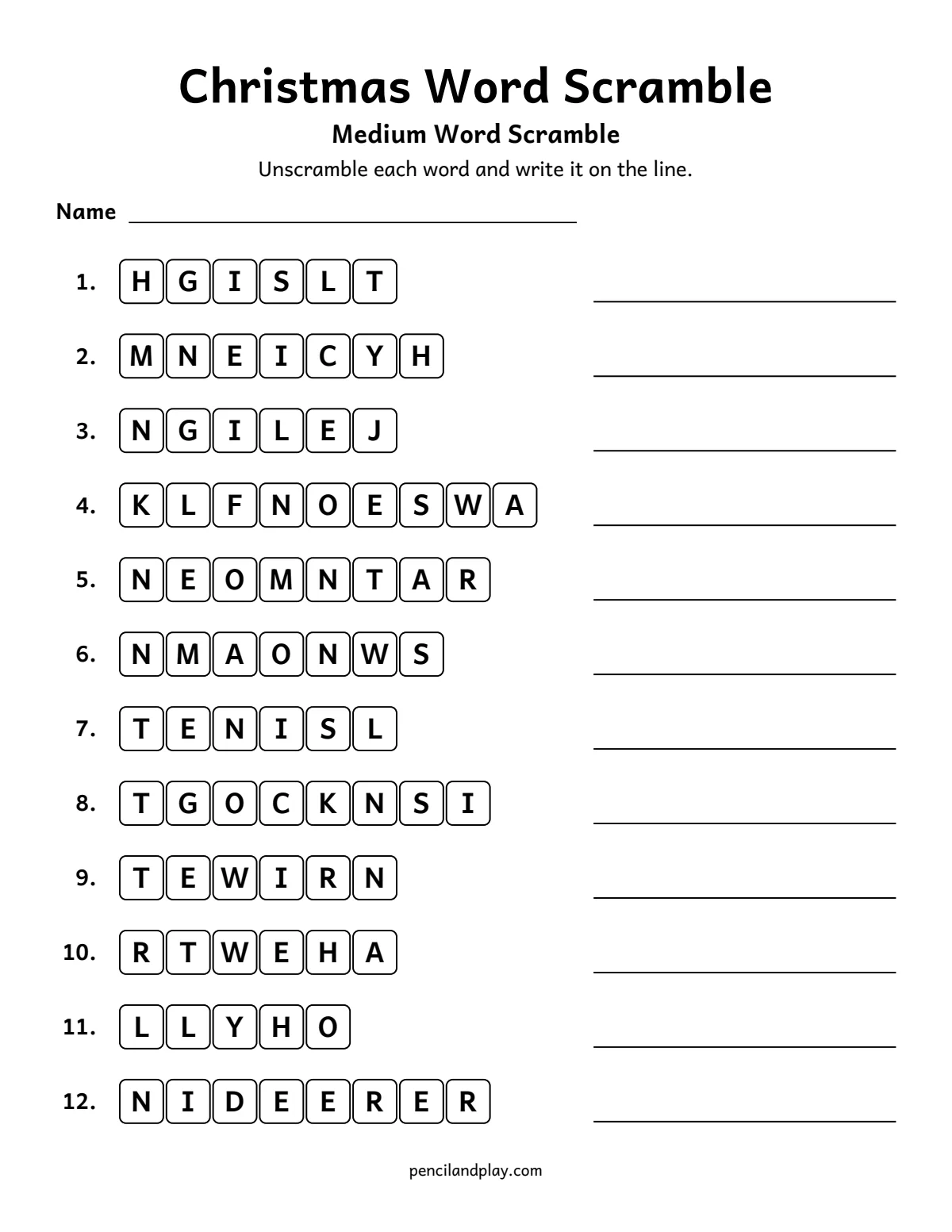Medium Christmas word scramble with 12 scrambled holiday words