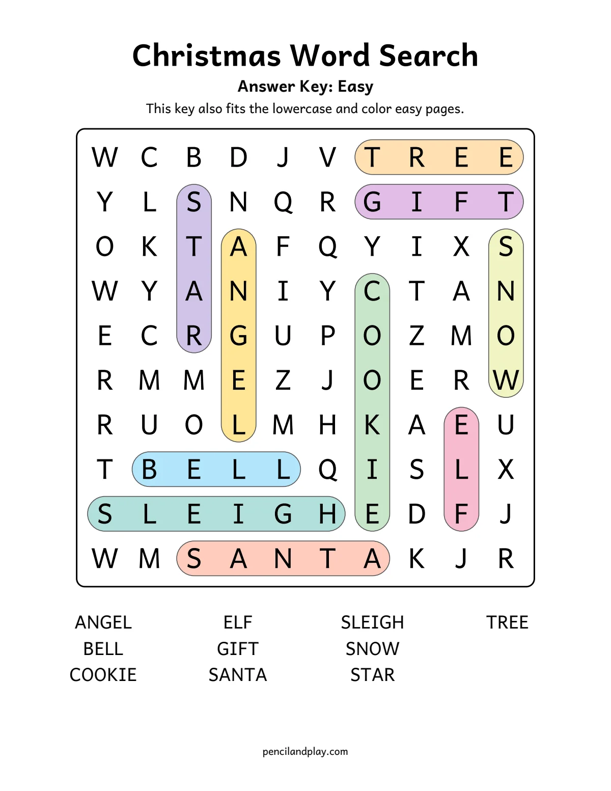 Christmas word search answer key with each word highlighted in color