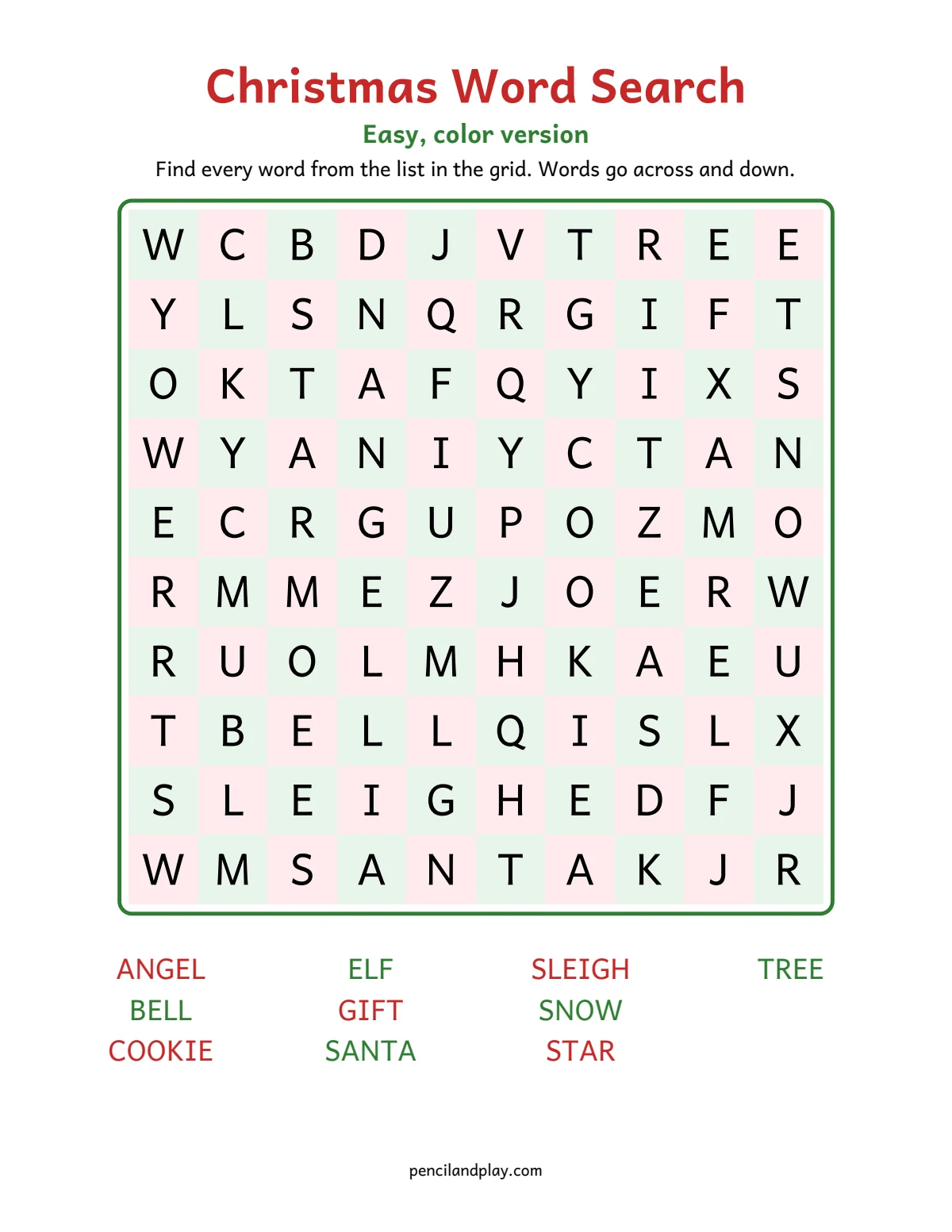 Color Christmas word search for kids with a red and green grid