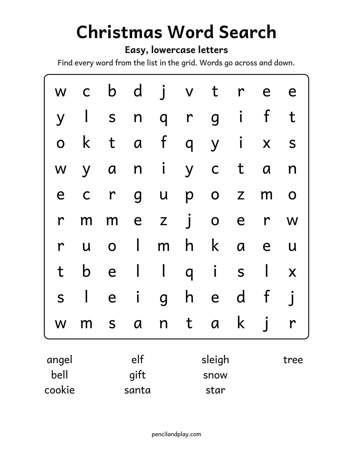 Easy Christmas word search with lowercase letters for early readers