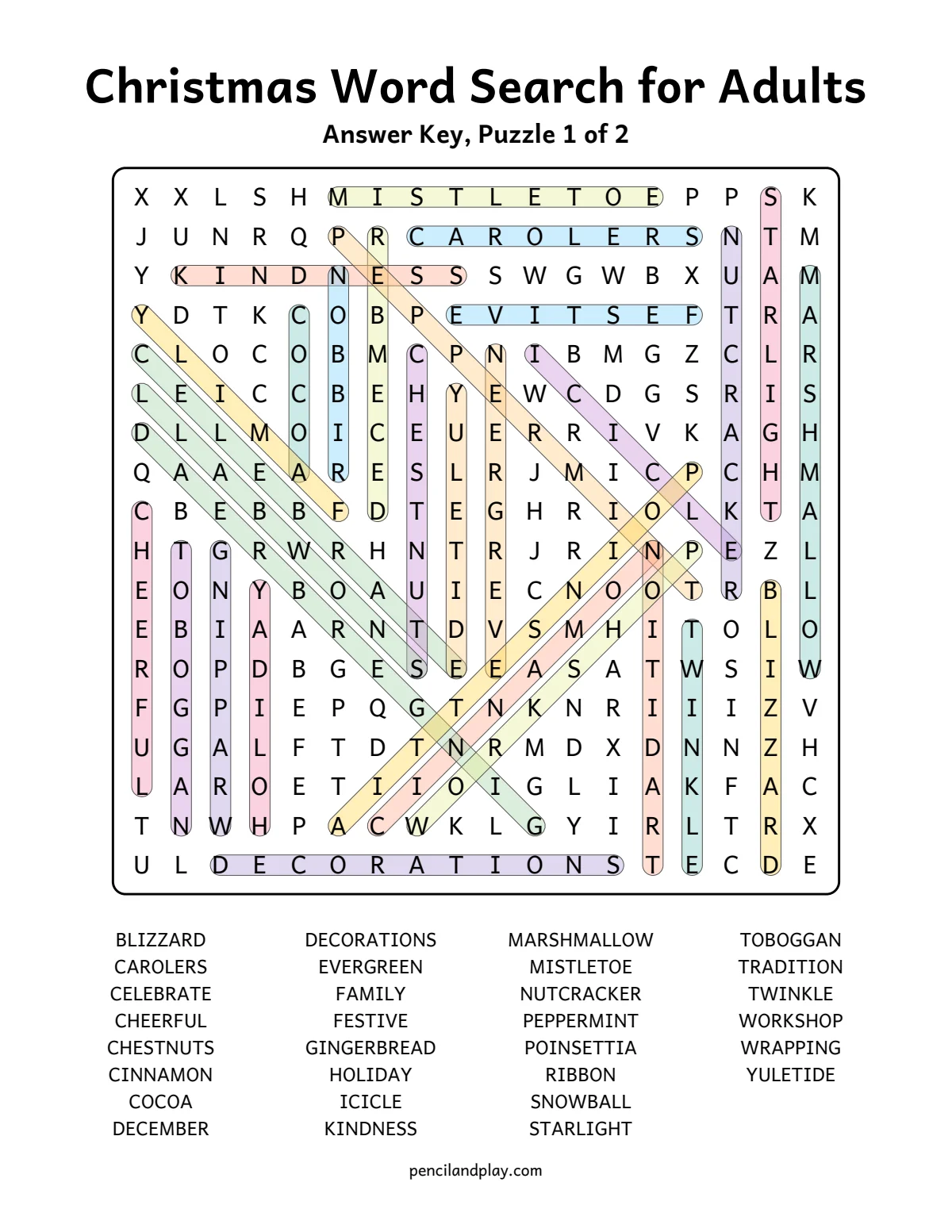 Christmas word search for adults answer key with every word marked