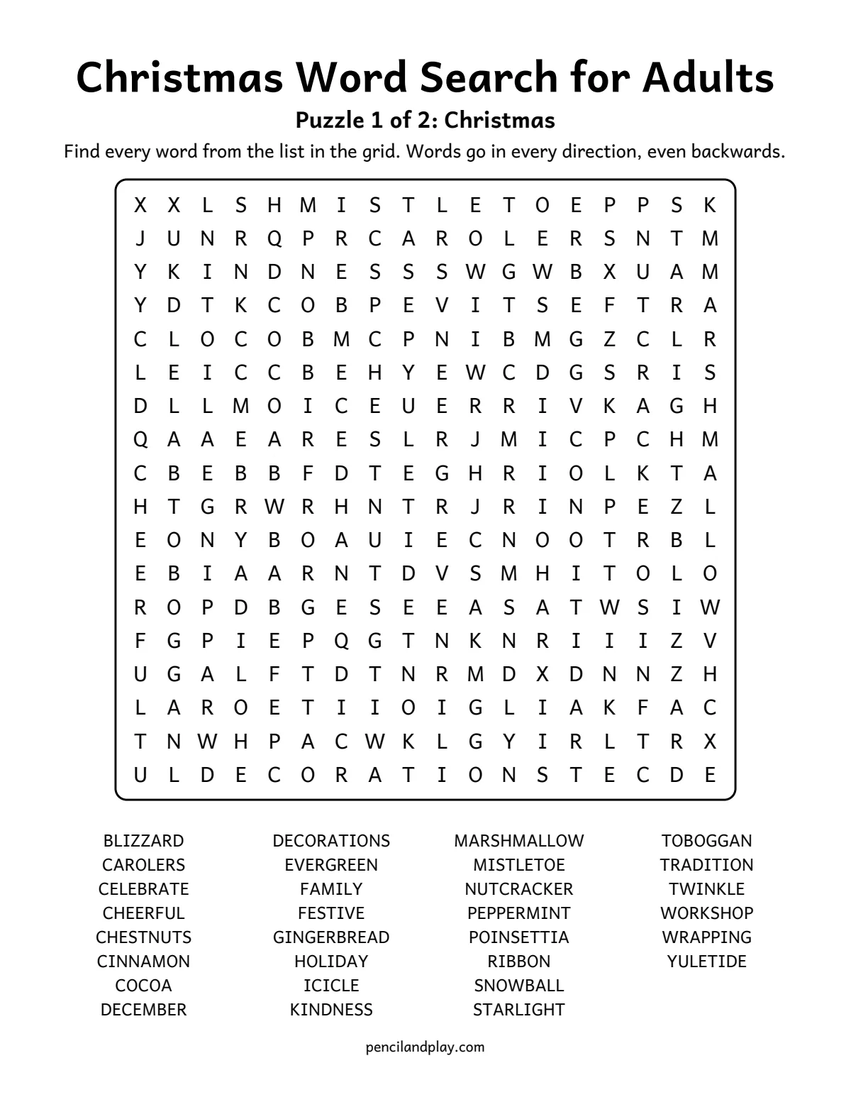 Hard Christmas word search for adults with 30 hidden words in an 18 by 18 grid