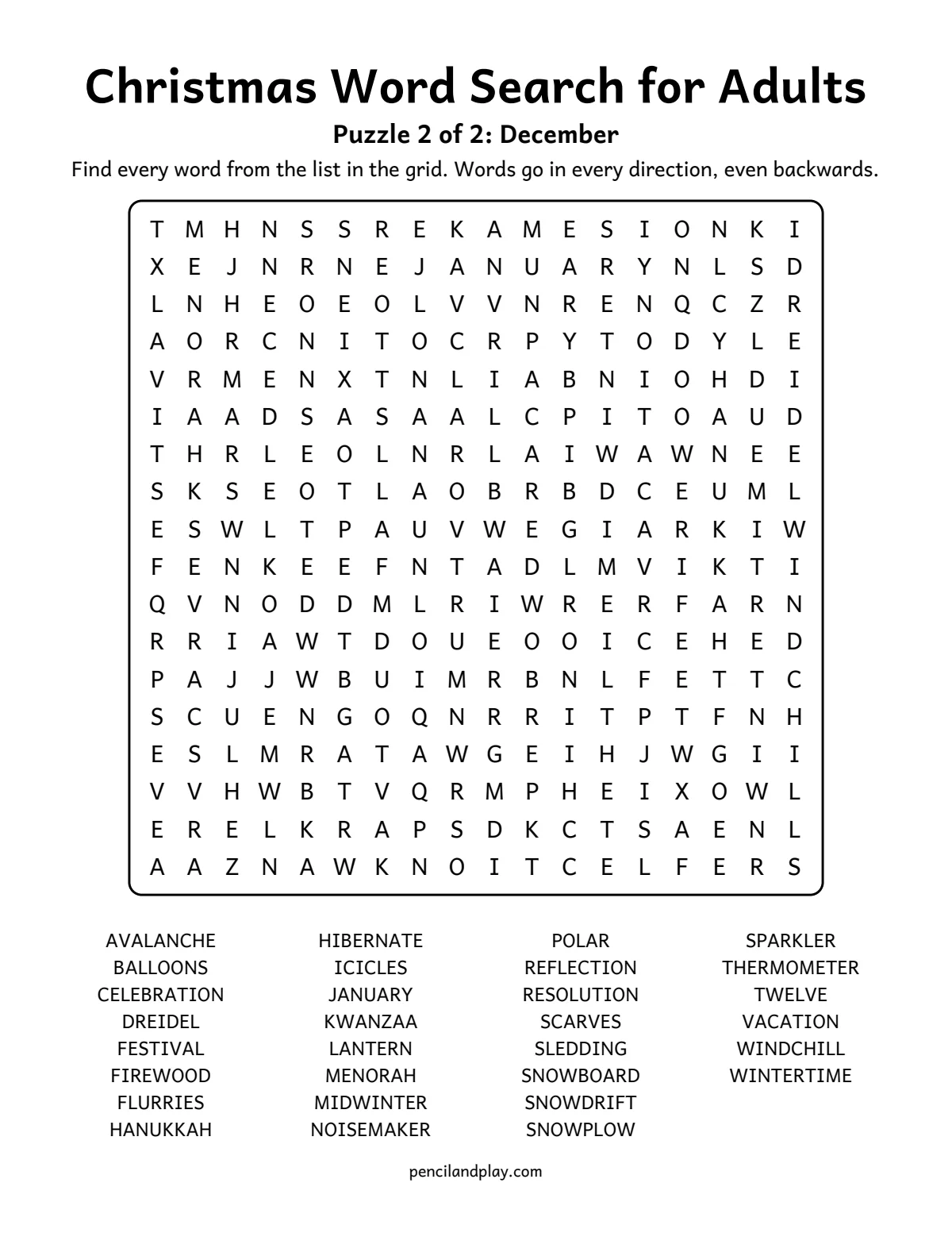 December word search printable with winter and New Year words for adults