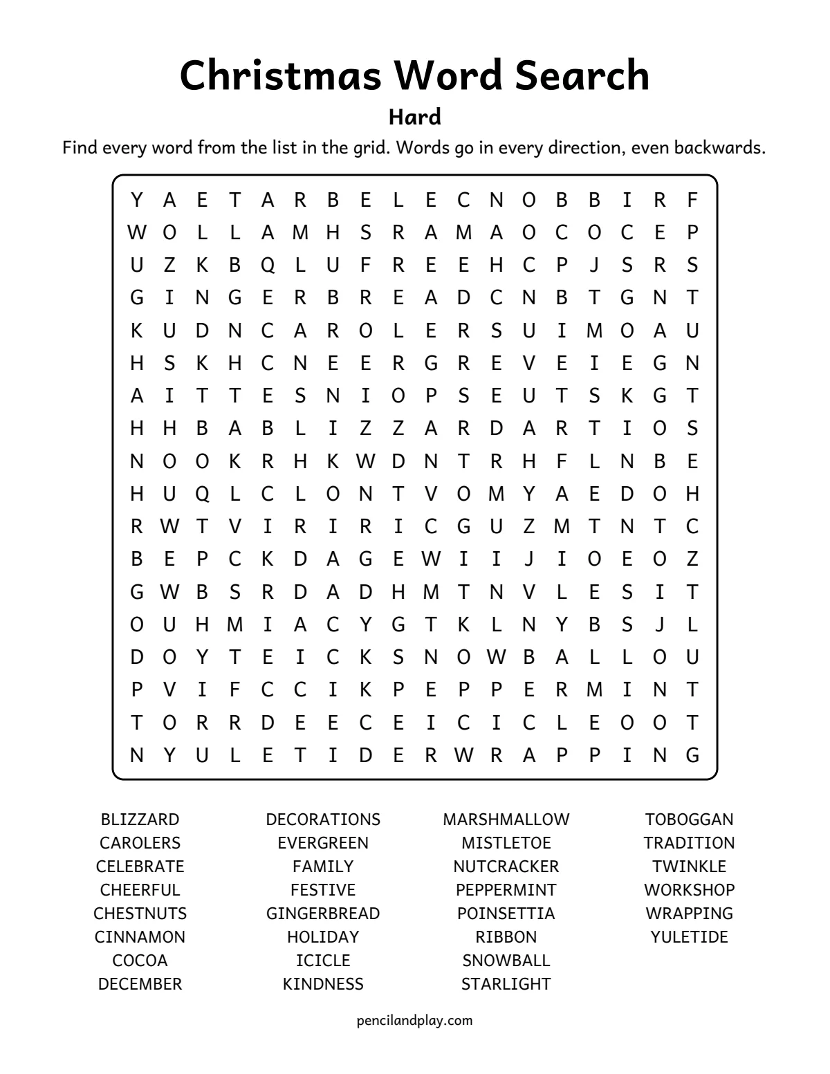 Hard Christmas word search with 30 words in all directions