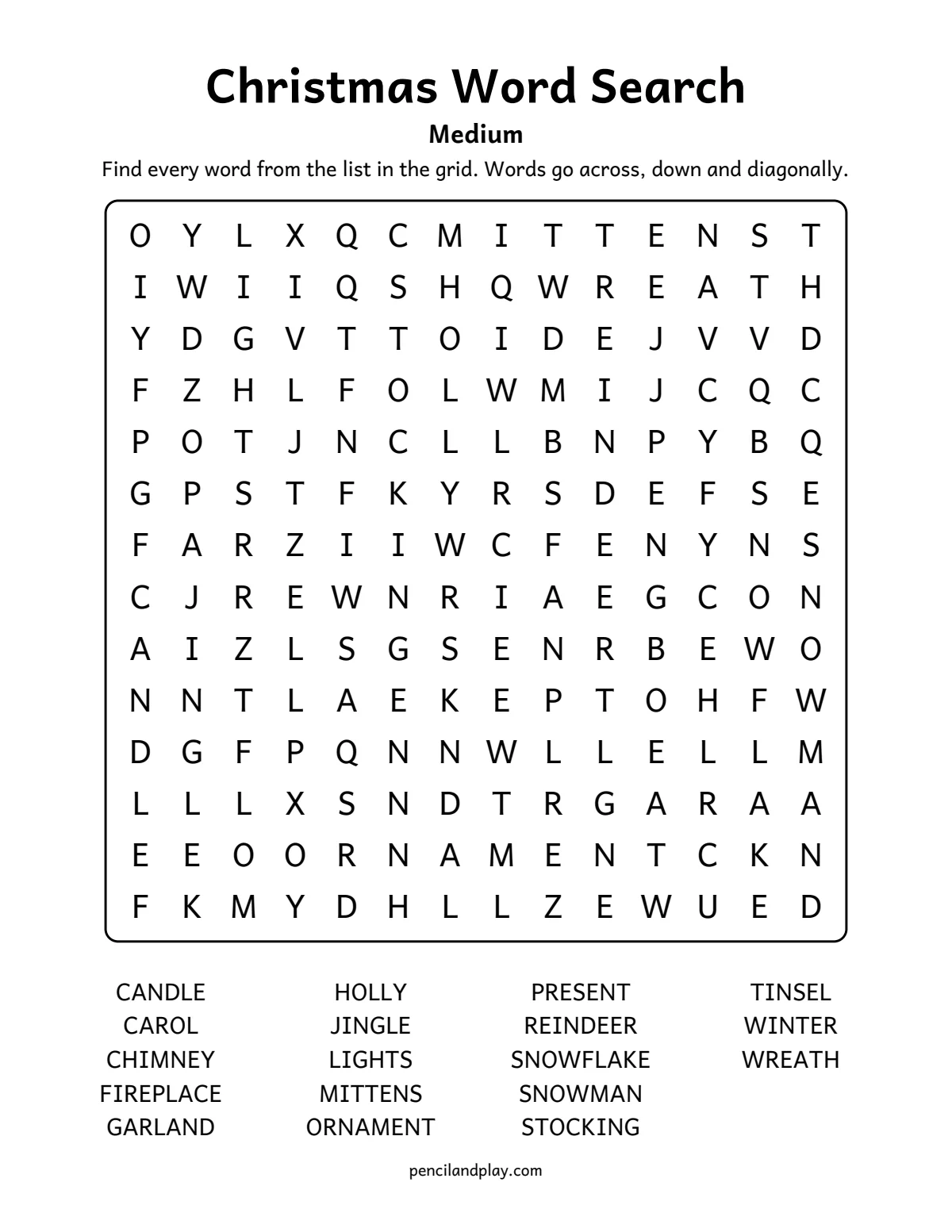 Medium Christmas word search with 18 holiday words