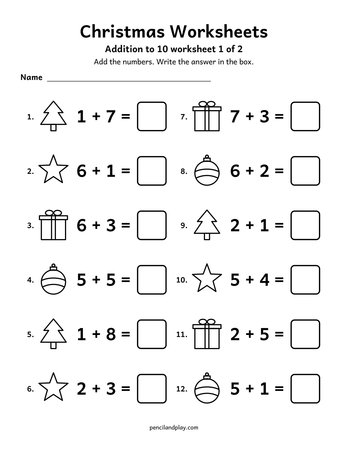 Christmas addition worksheet with sums up to 10