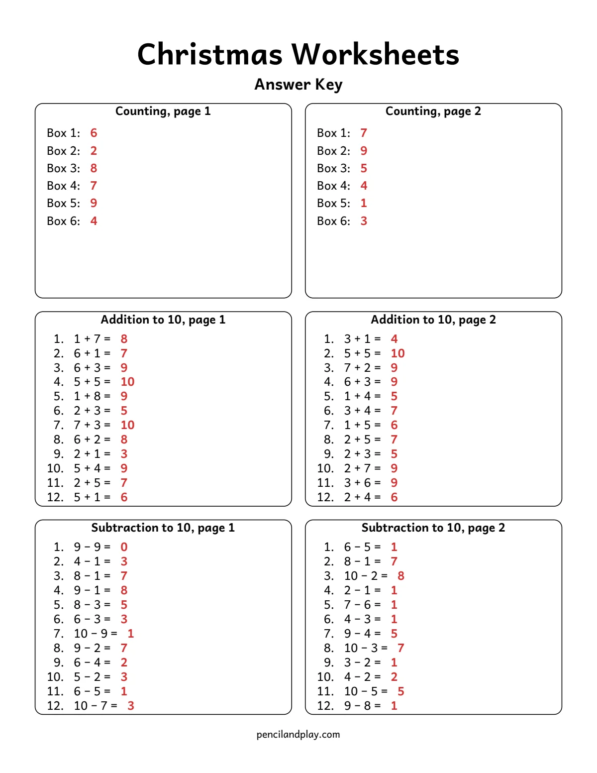 Christmas worksheets answer key page