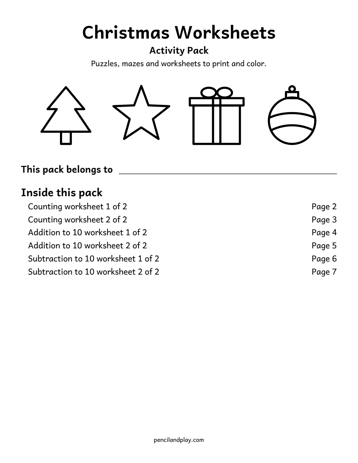 Free printable Christmas worksheets cover page for kids