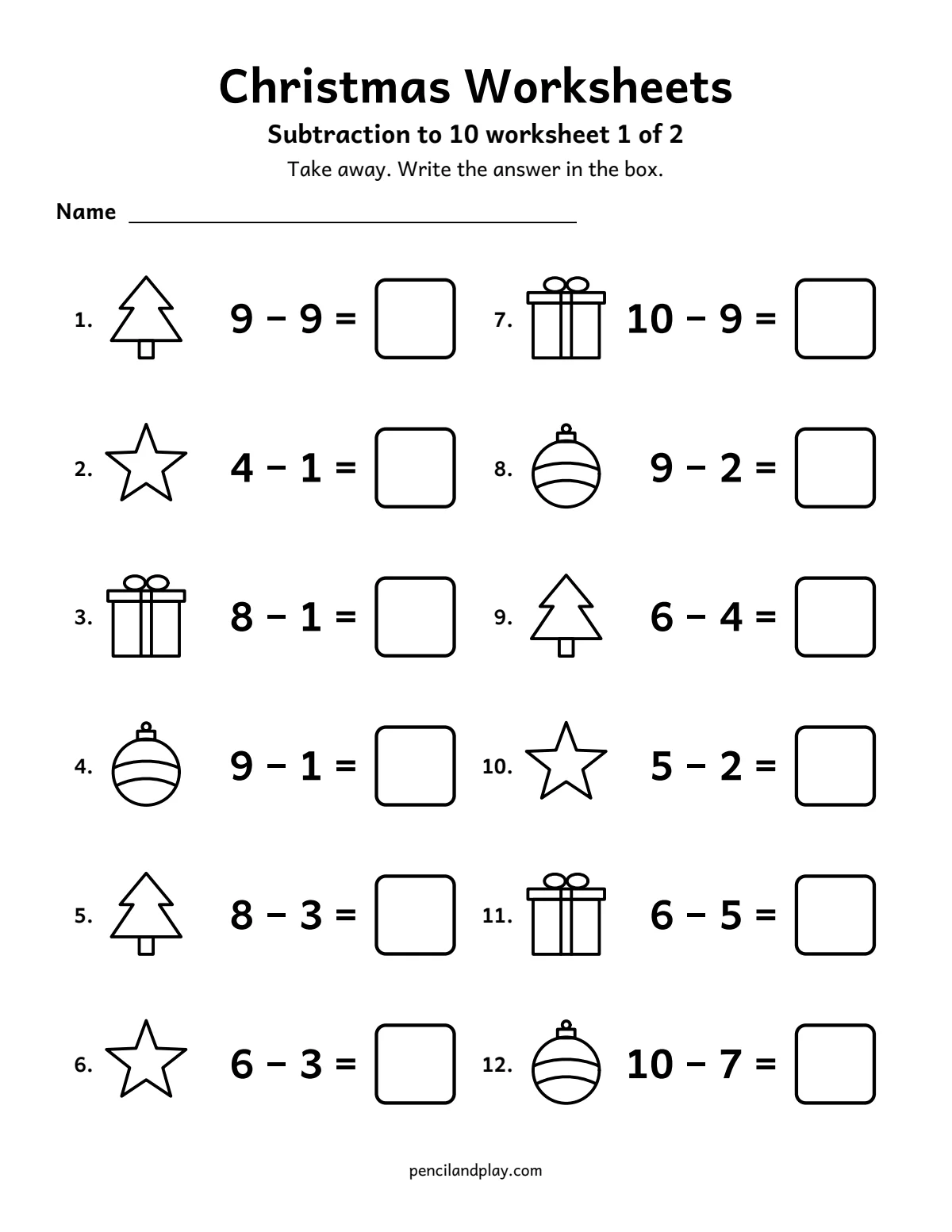 Christmas subtraction worksheet within 10 for first grade