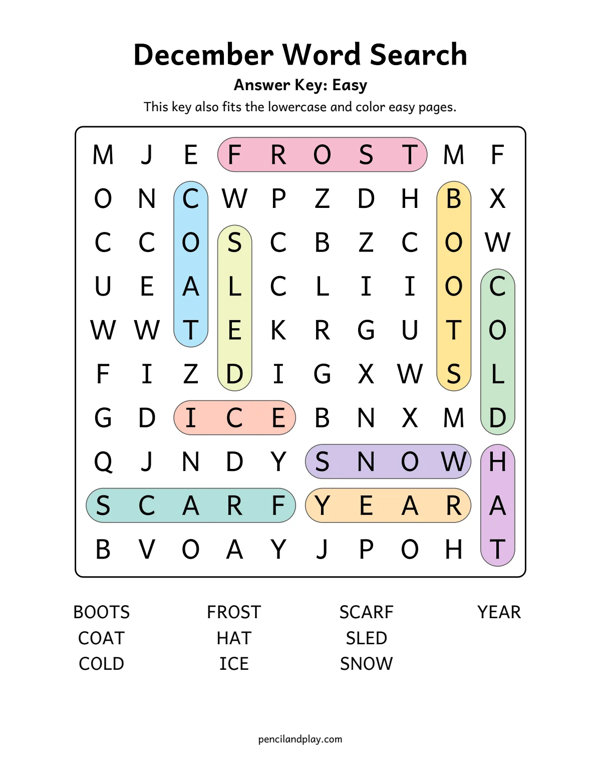 December word search answer key with each word highlighted in color