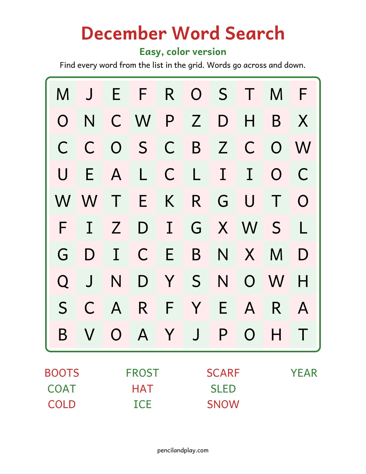 Color December word search for kids with a blue and silver grid