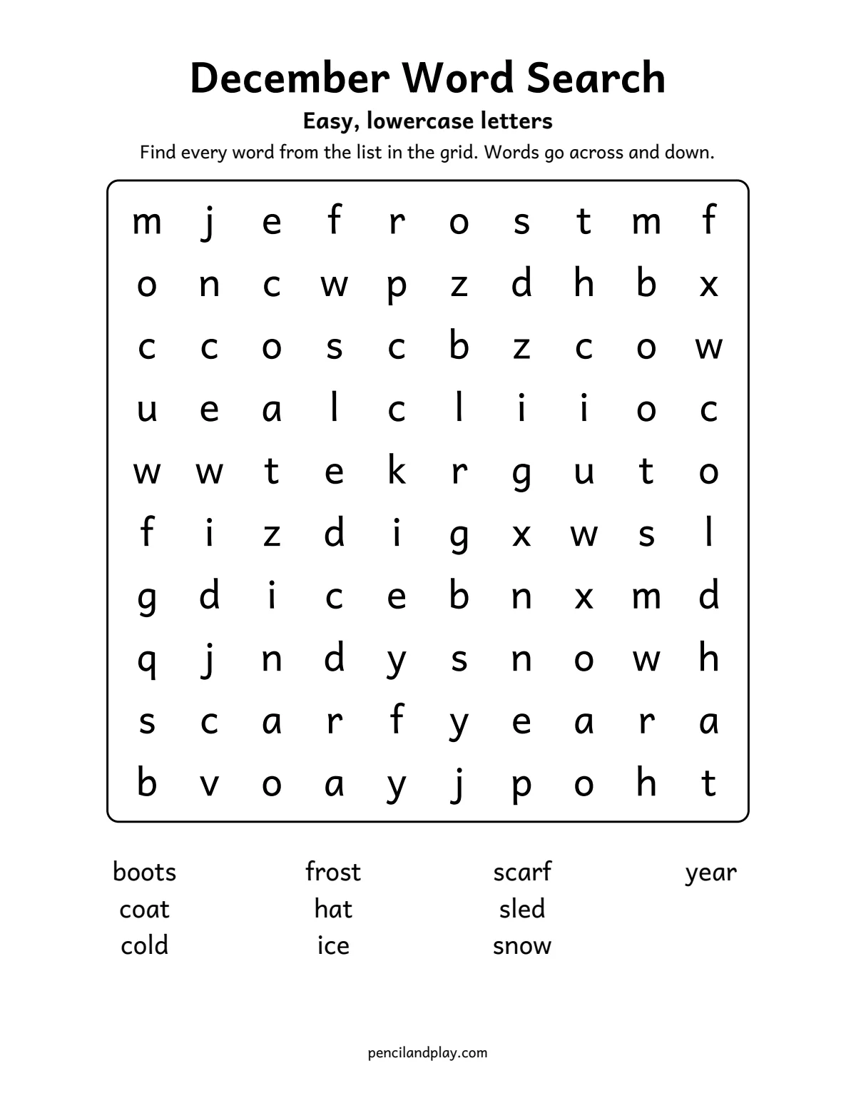 Easy December word search with lowercase letters for early readers