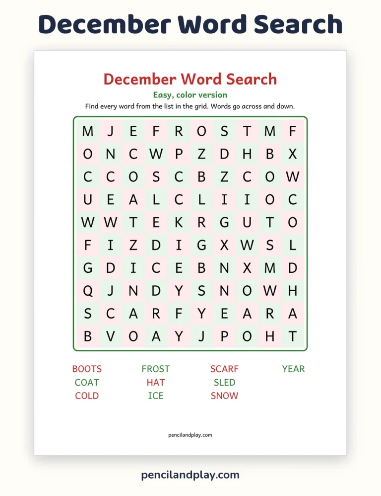 December Word Search Printable