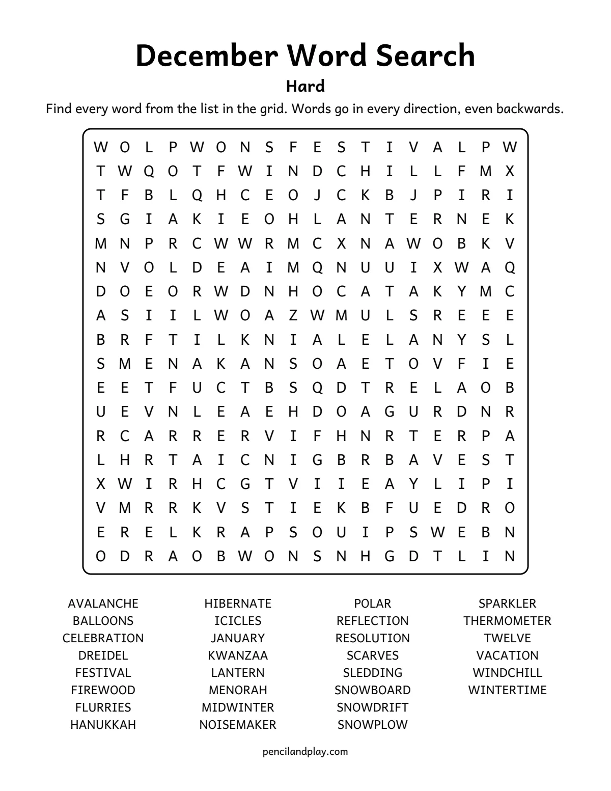 Hard December word search with 30 words in all directions