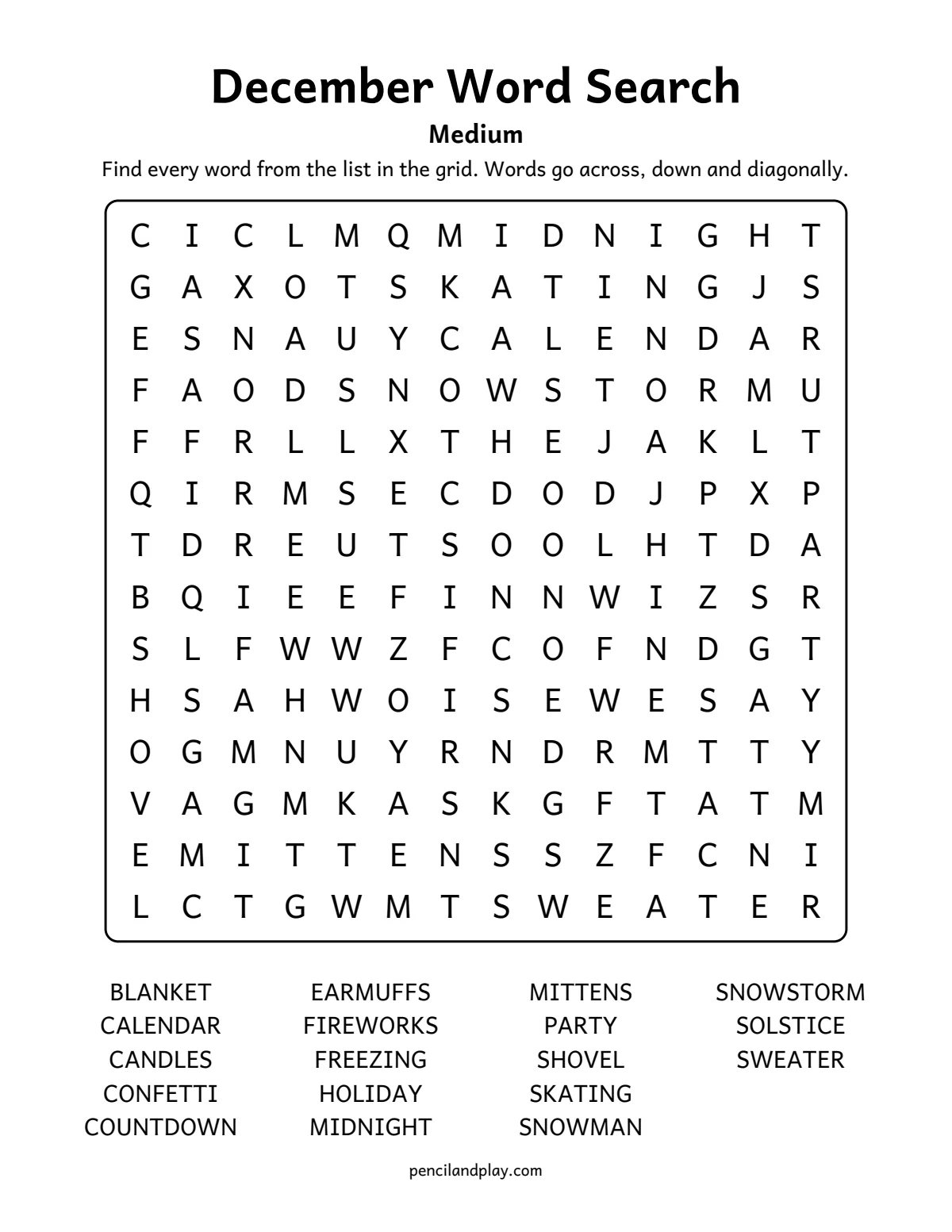 Medium December word search with 18 winter words