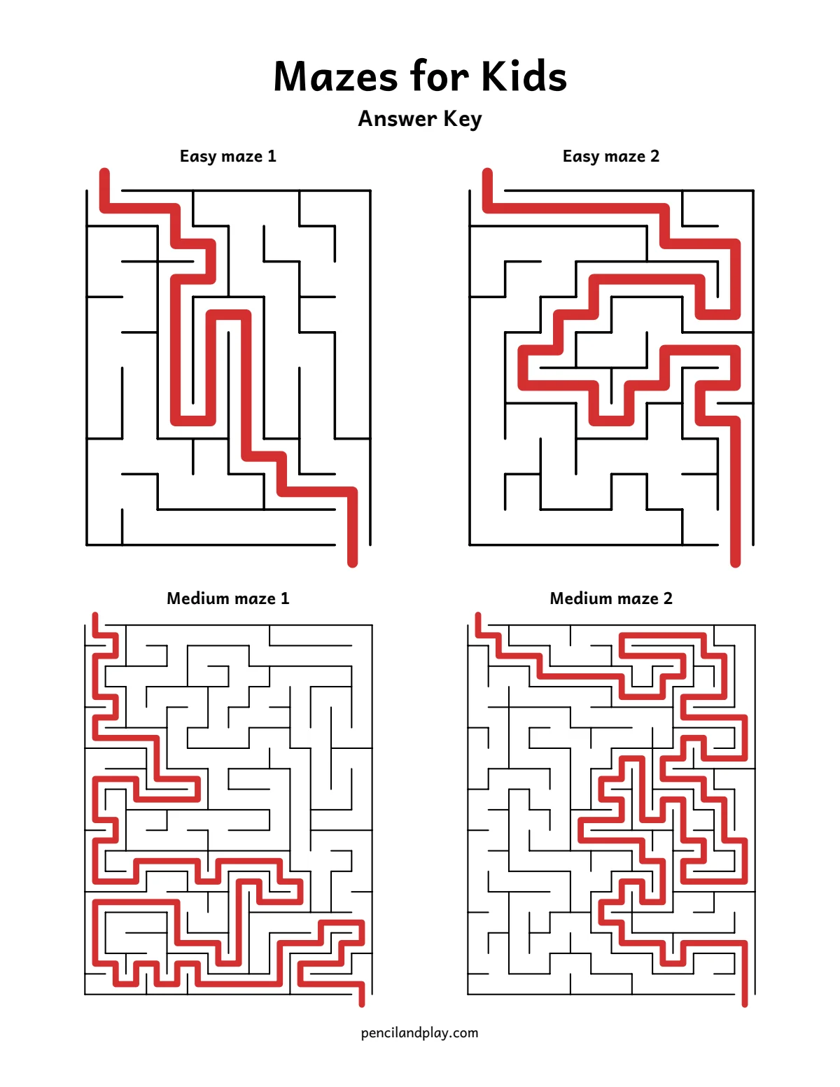 Mazes for kids answer key with the solution paths drawn in red