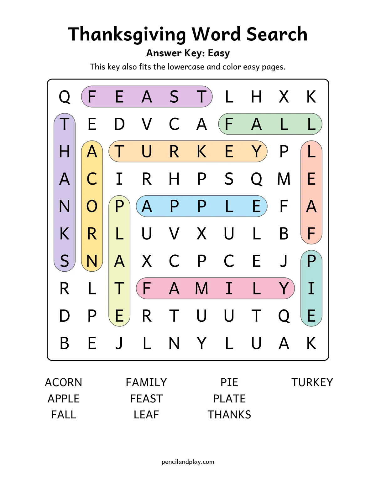 Thanksgiving word search answer key with each word highlighted in color