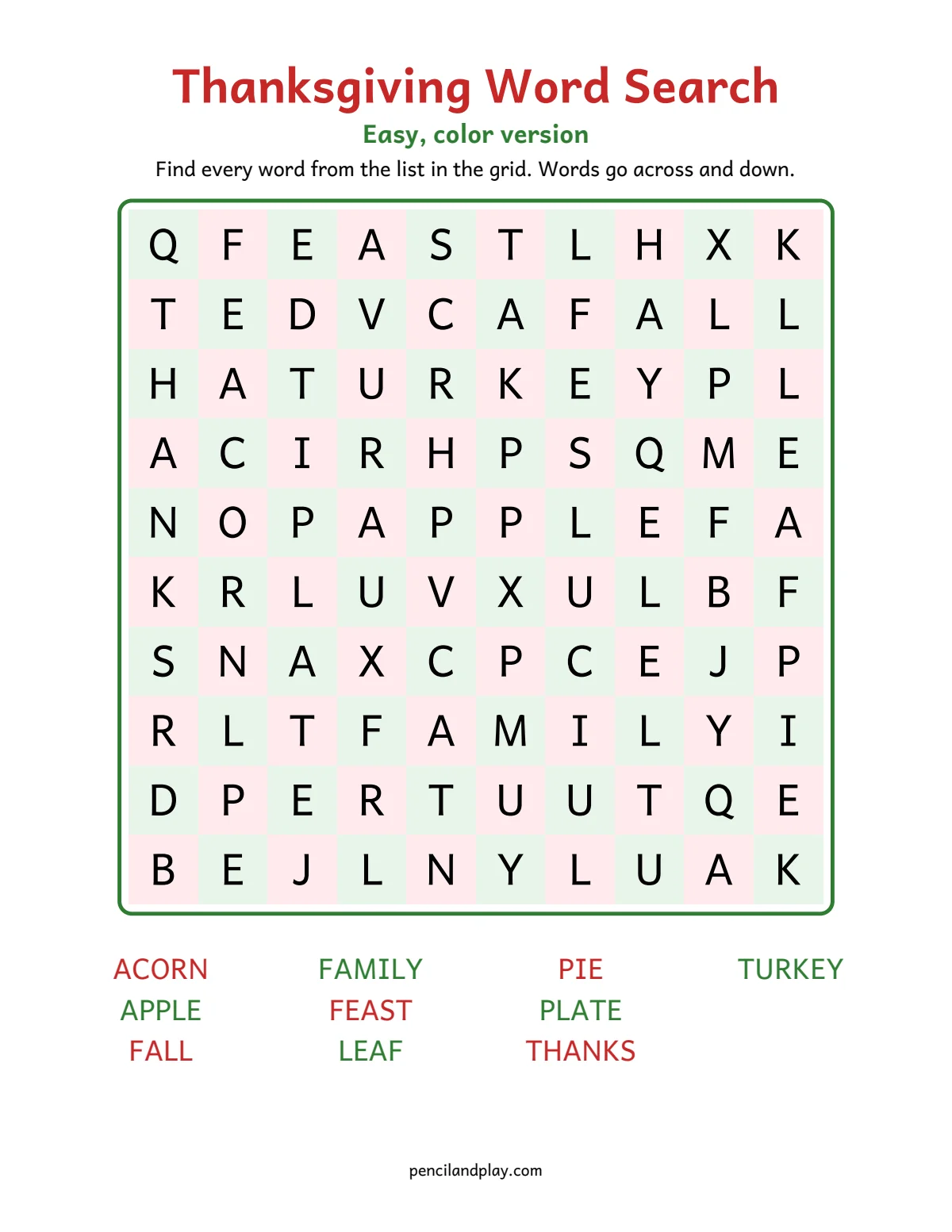 Color Thanksgiving word search for kids with an orange and brown grid