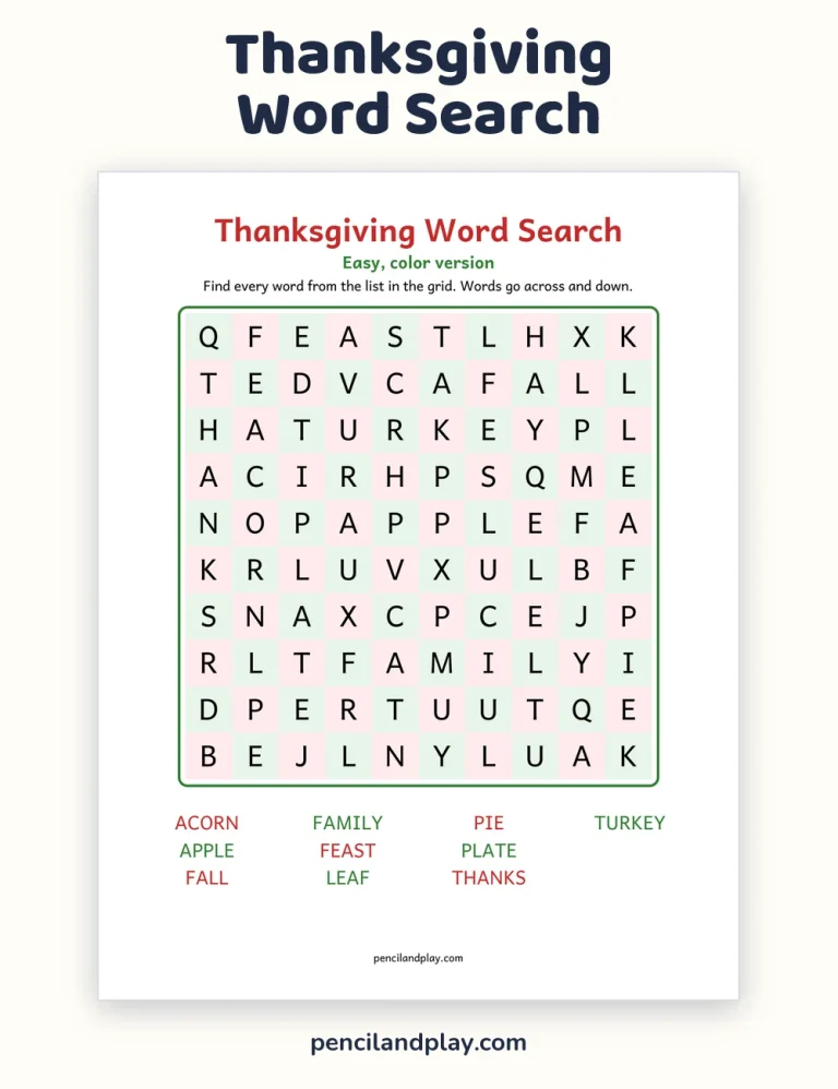 Free Thanksgiving Word Search for Kids