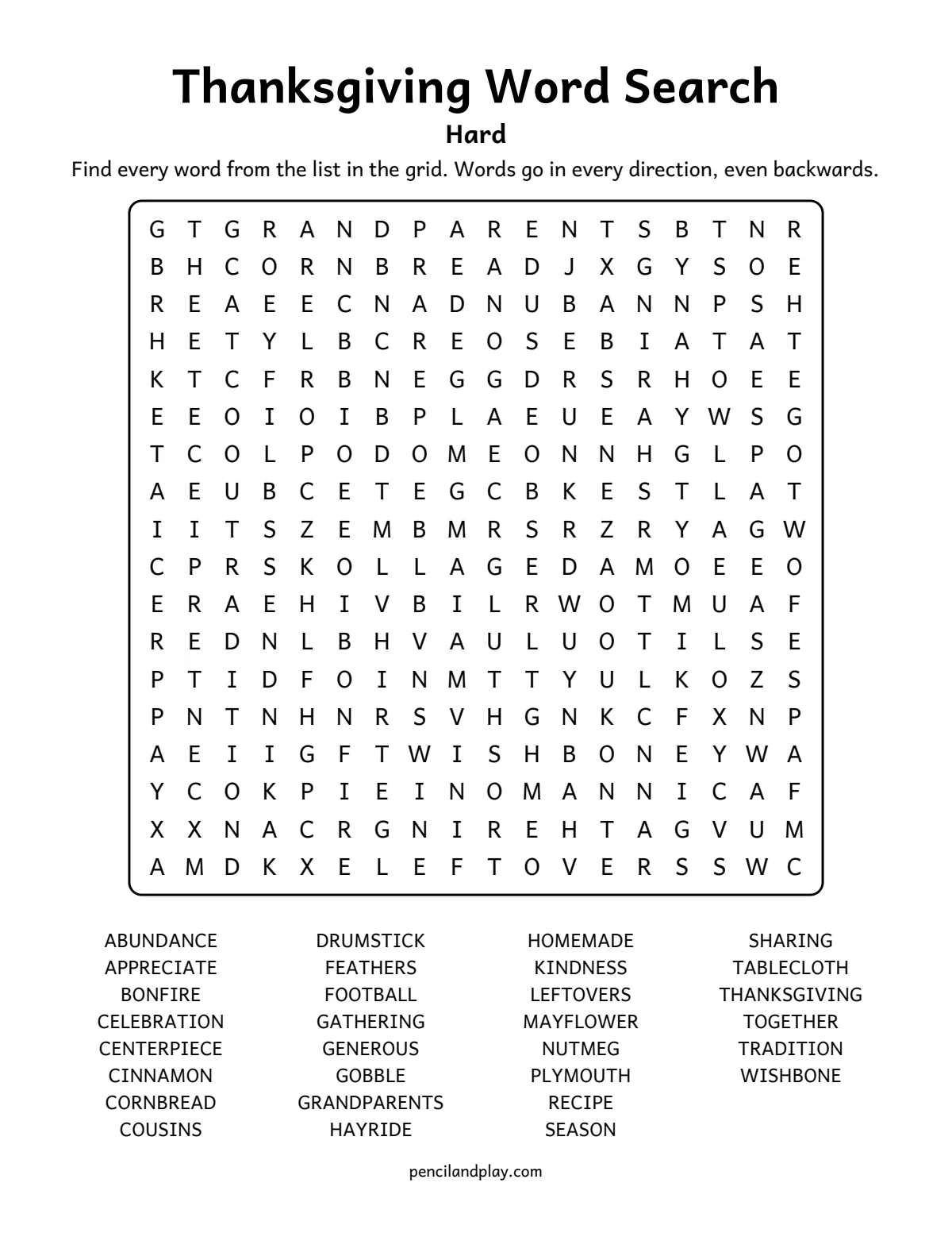 Hard Thanksgiving word search with 30 words in all directions