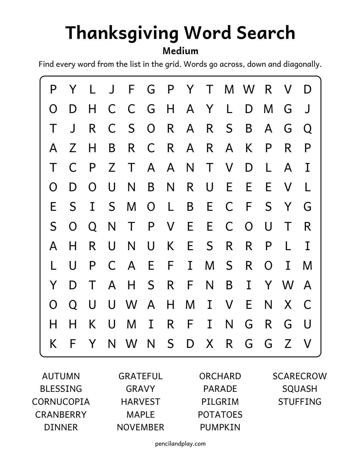 Medium Thanksgiving word search with 18 fall words
