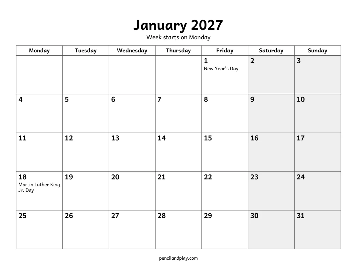 Printable January 2027 calendar with the week starting on Monday