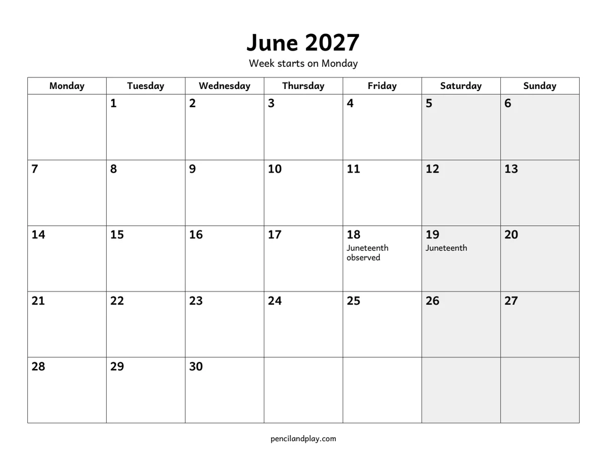 Printable June 2027 calendar with the week starting on Monday