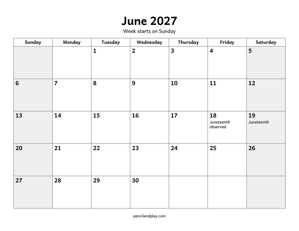 Printable June 2027 calendar with the week starting on Sunday