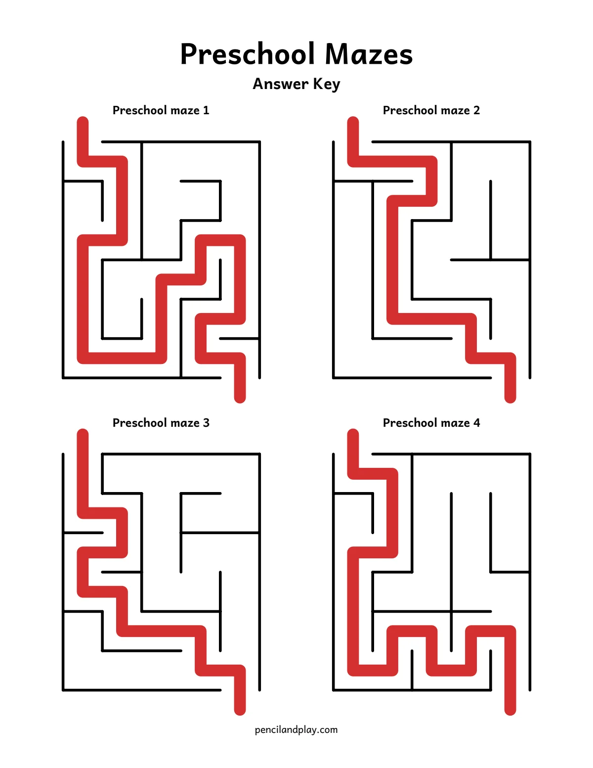 Preschool mazes answer key with the paths drawn in red