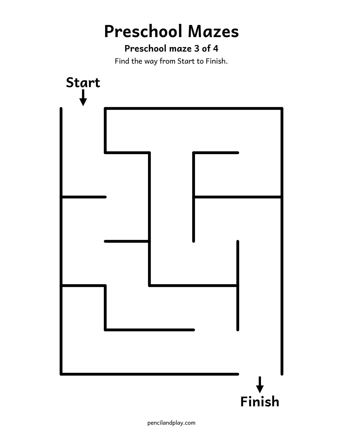 Kindergarten maze worksheet with a simple path from start to finish