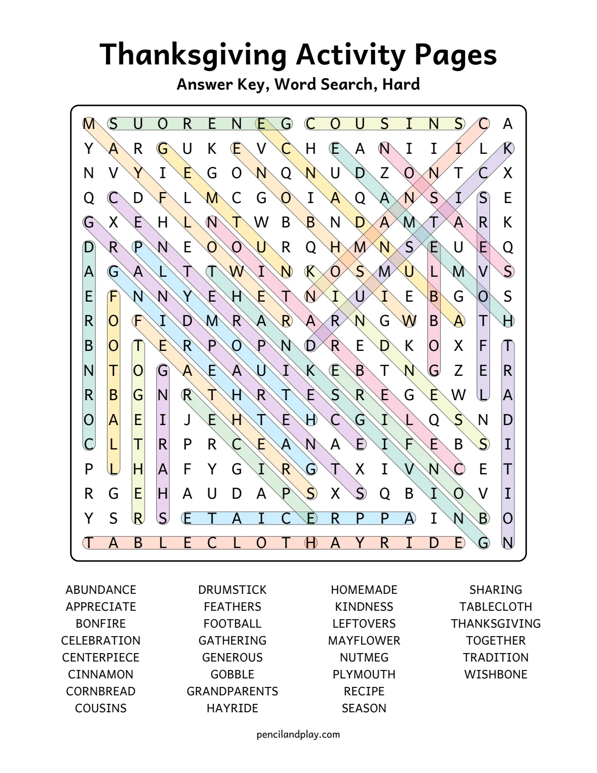 Thanksgiving activity pages answer key