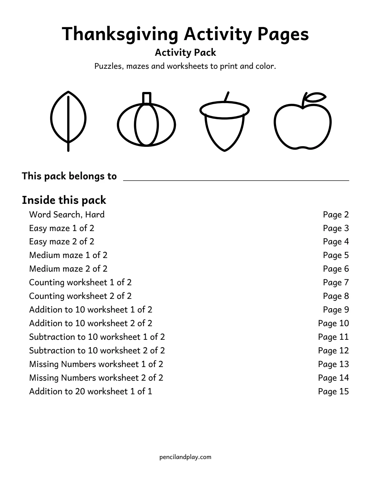 Free printable Thanksgiving activity pages cover for kids