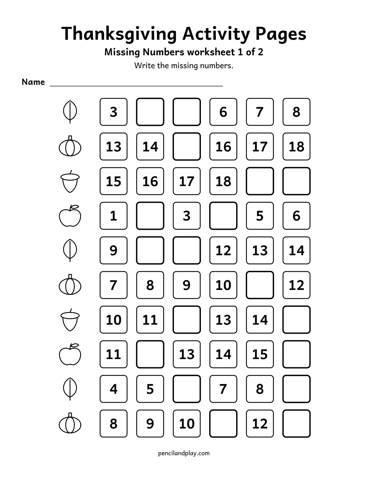 Thanksgiving missing numbers worksheet
