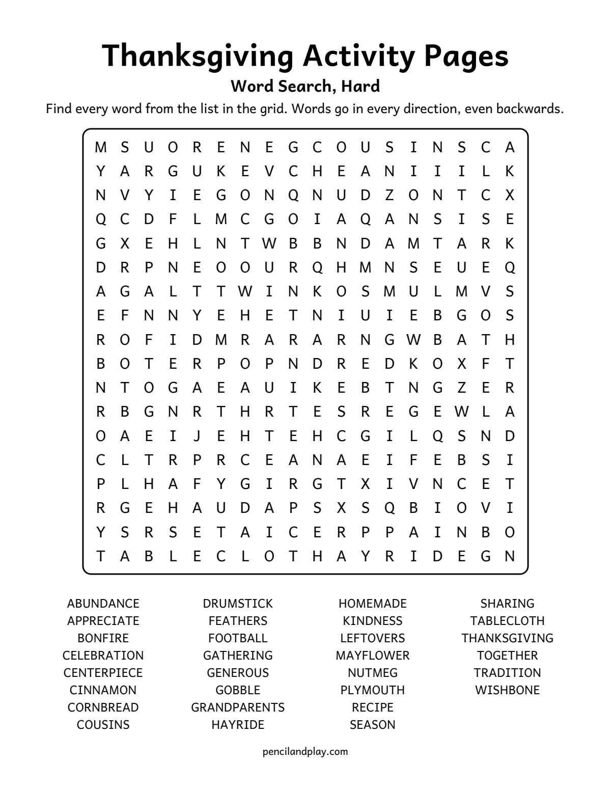 Hard Thanksgiving word search with 30 words