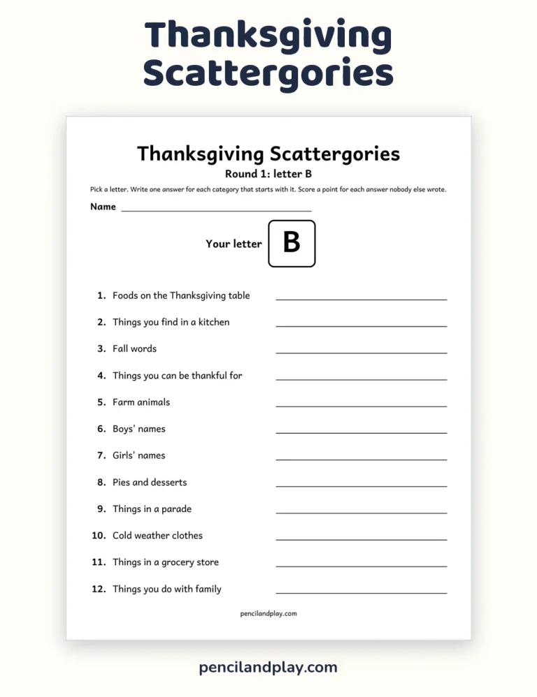Thanksgiving Scattergories Printable for Kids and Families