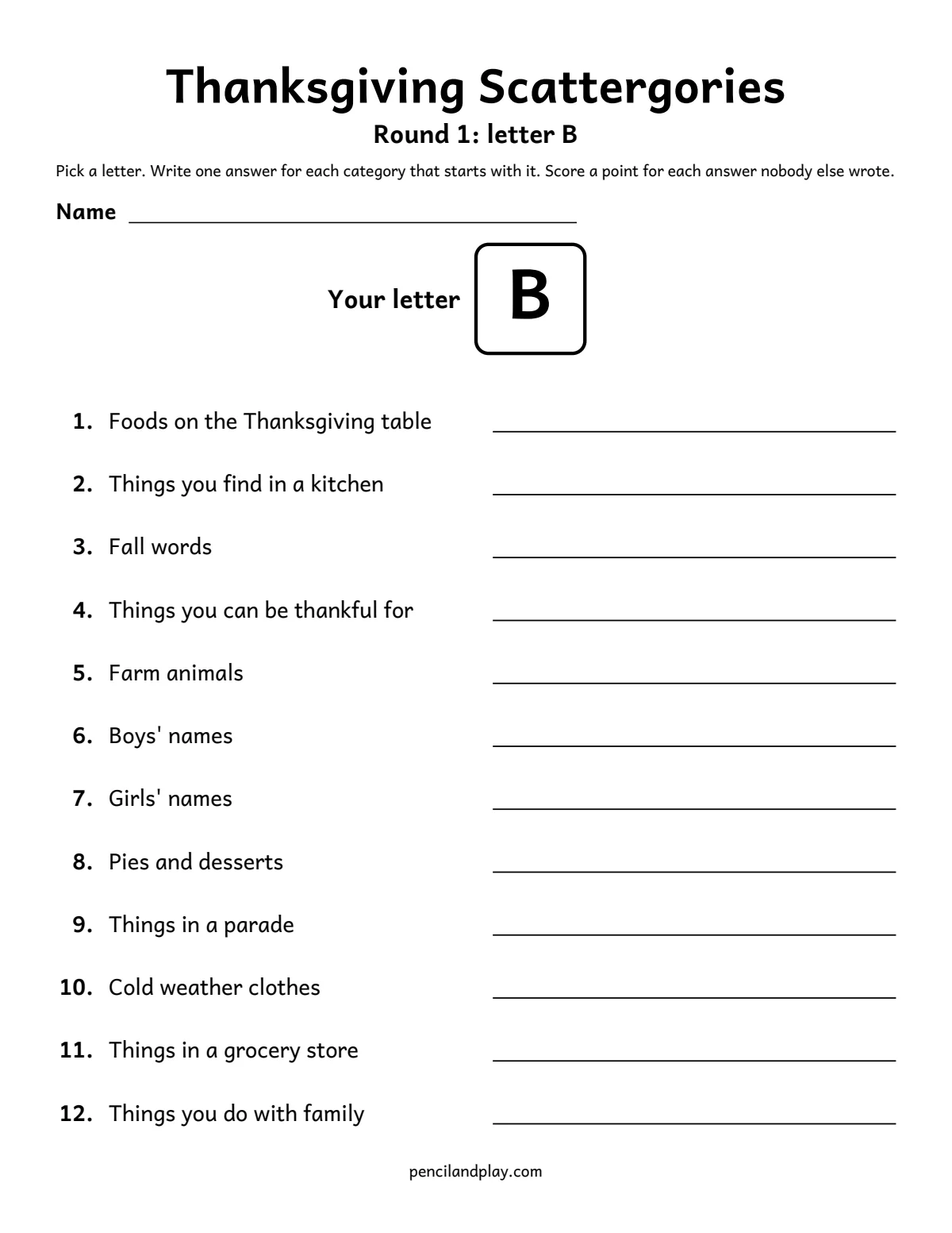 Thanksgiving scattergories printable round 1 with letter B and 12 categories