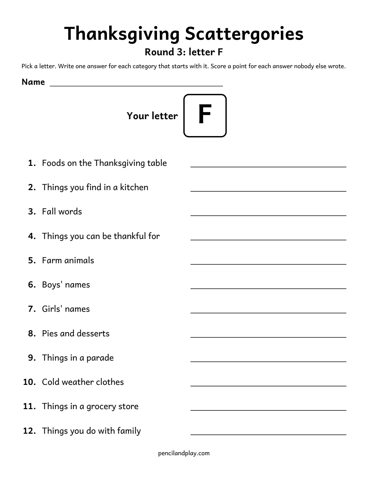 Thanksgiving scattergories printable round 3 with letter F