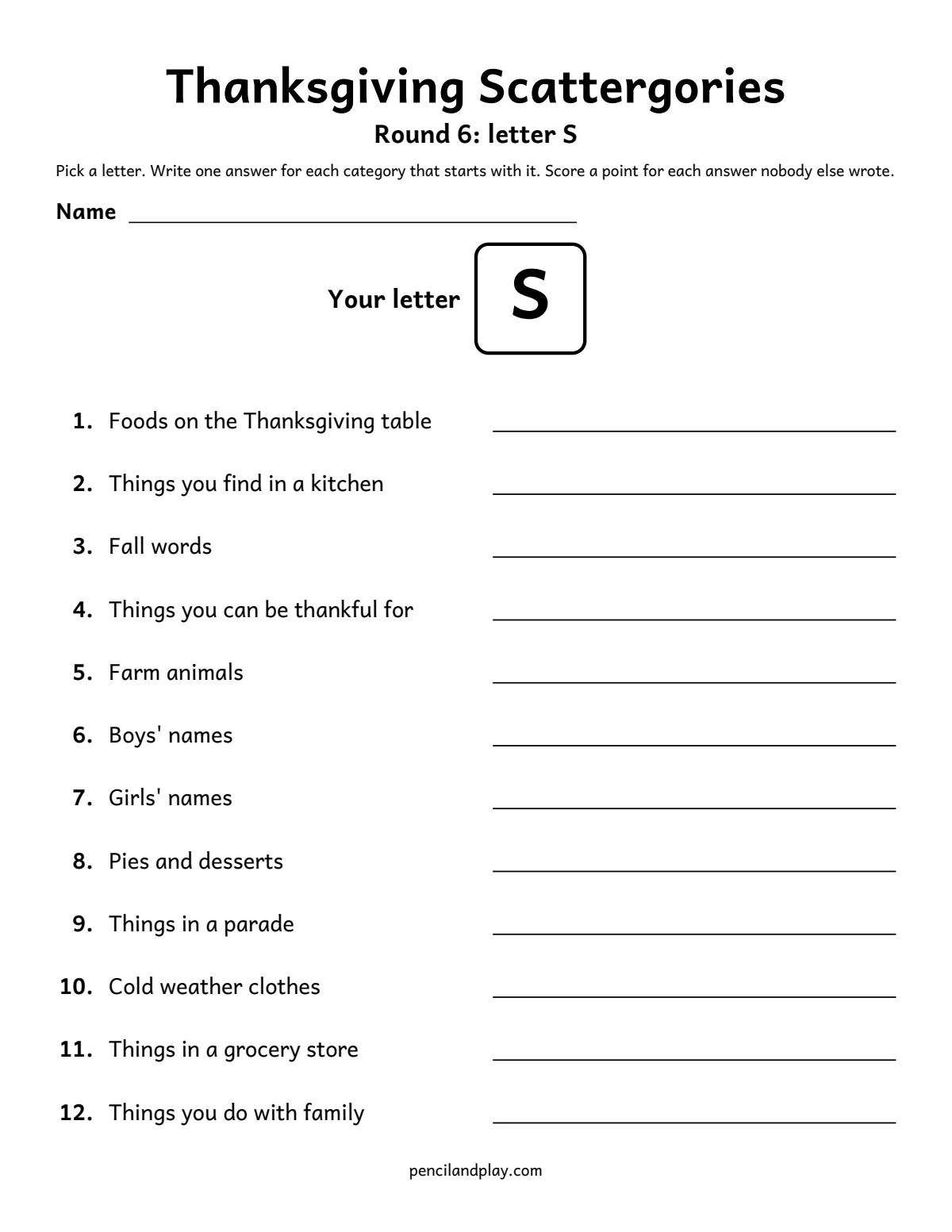 Thanksgiving scattergories printable round 6 with letter S