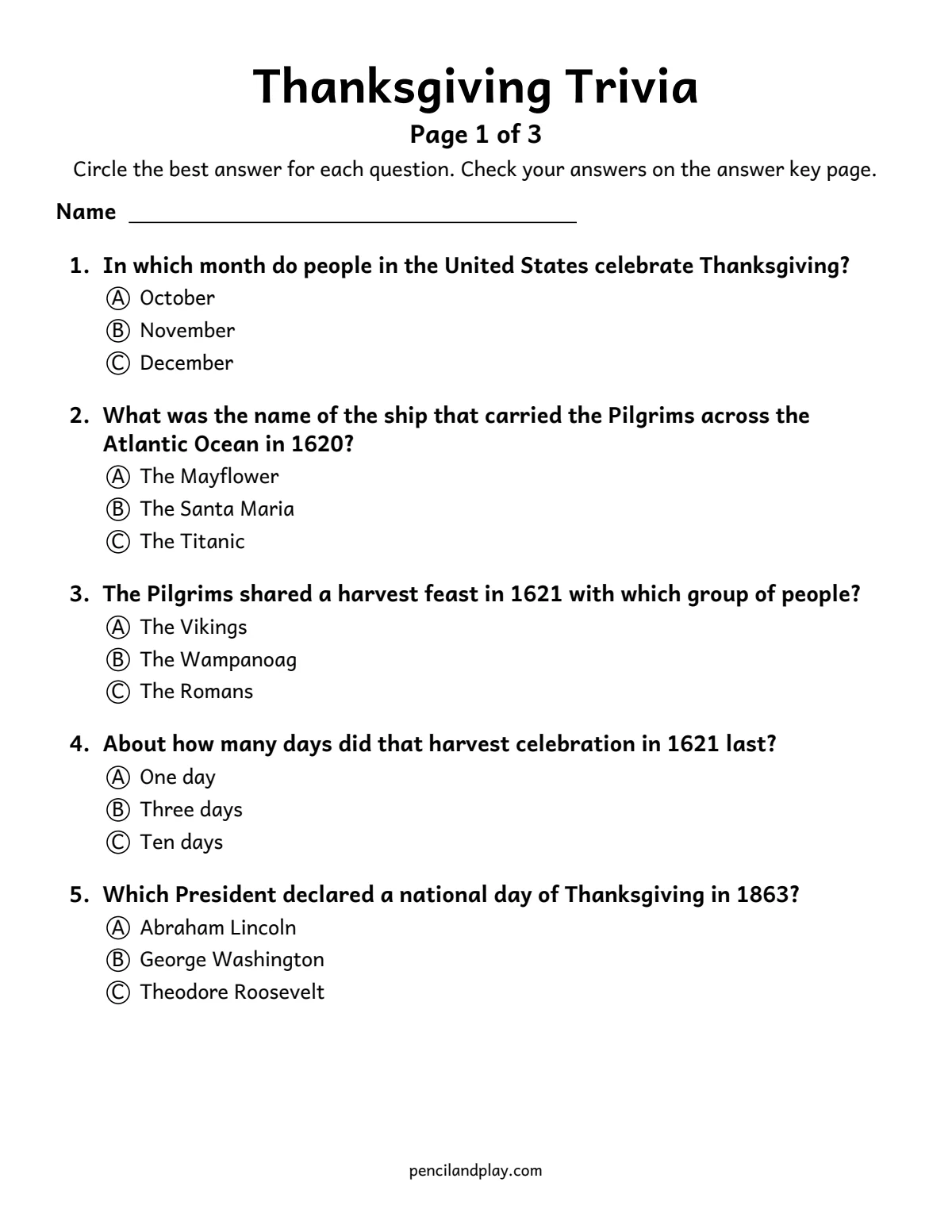Thanksgiving trivia printable page 1 with multiple choice questions